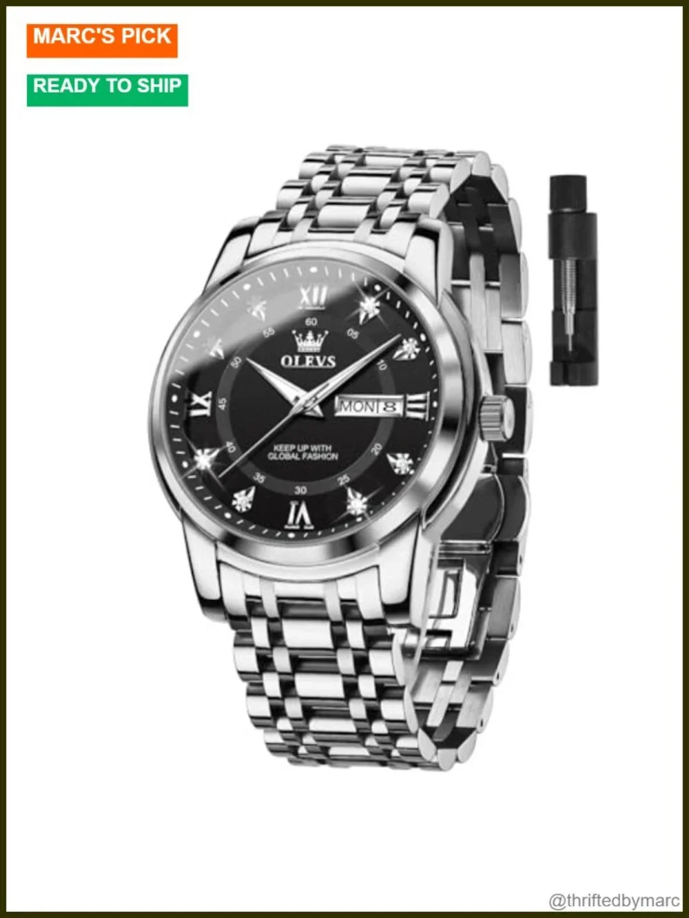 Stainless Steel Quartz Dress Watch Day Date Luminous Hands Large Face